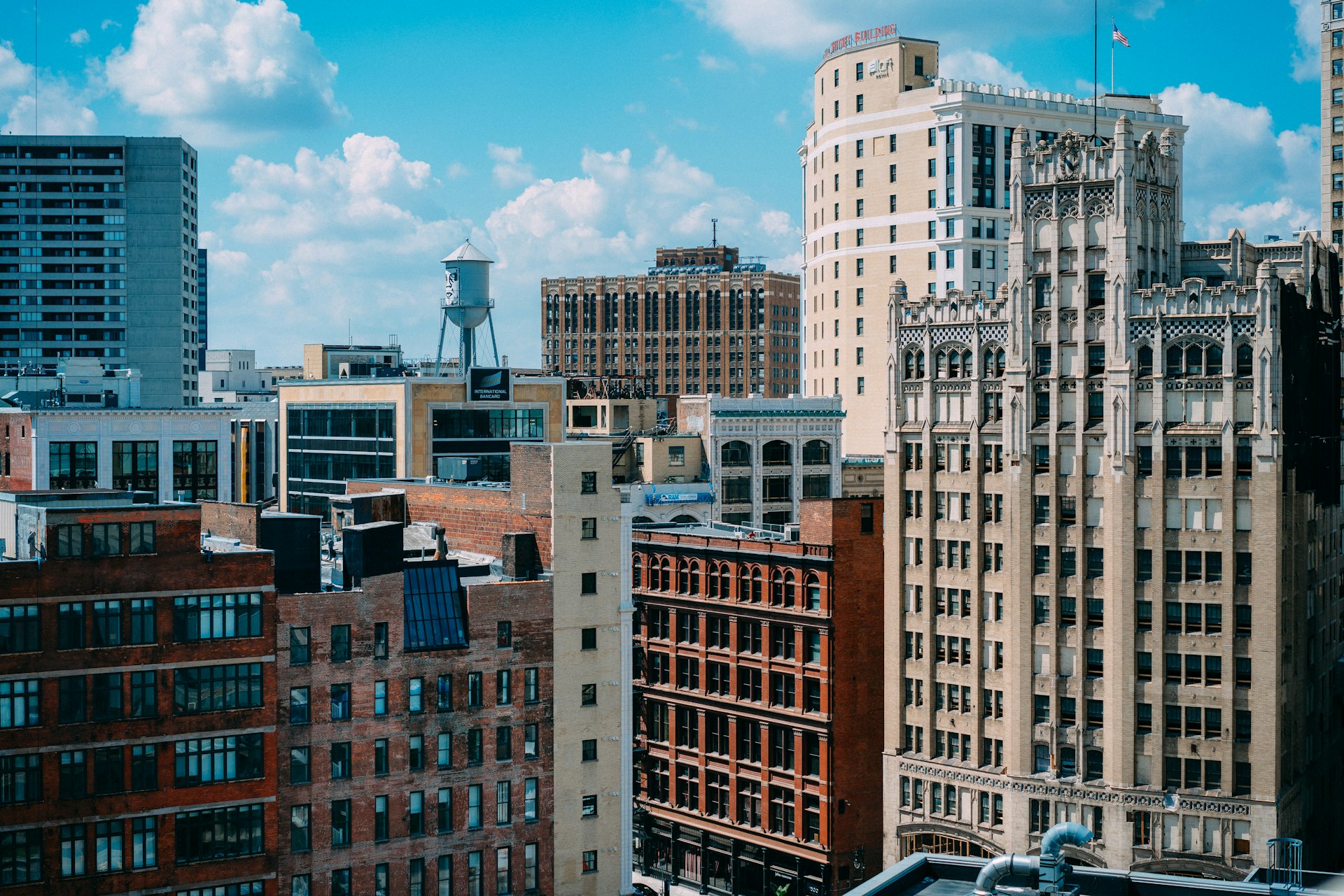 Historic downtown Detroit architecture under a clear sky