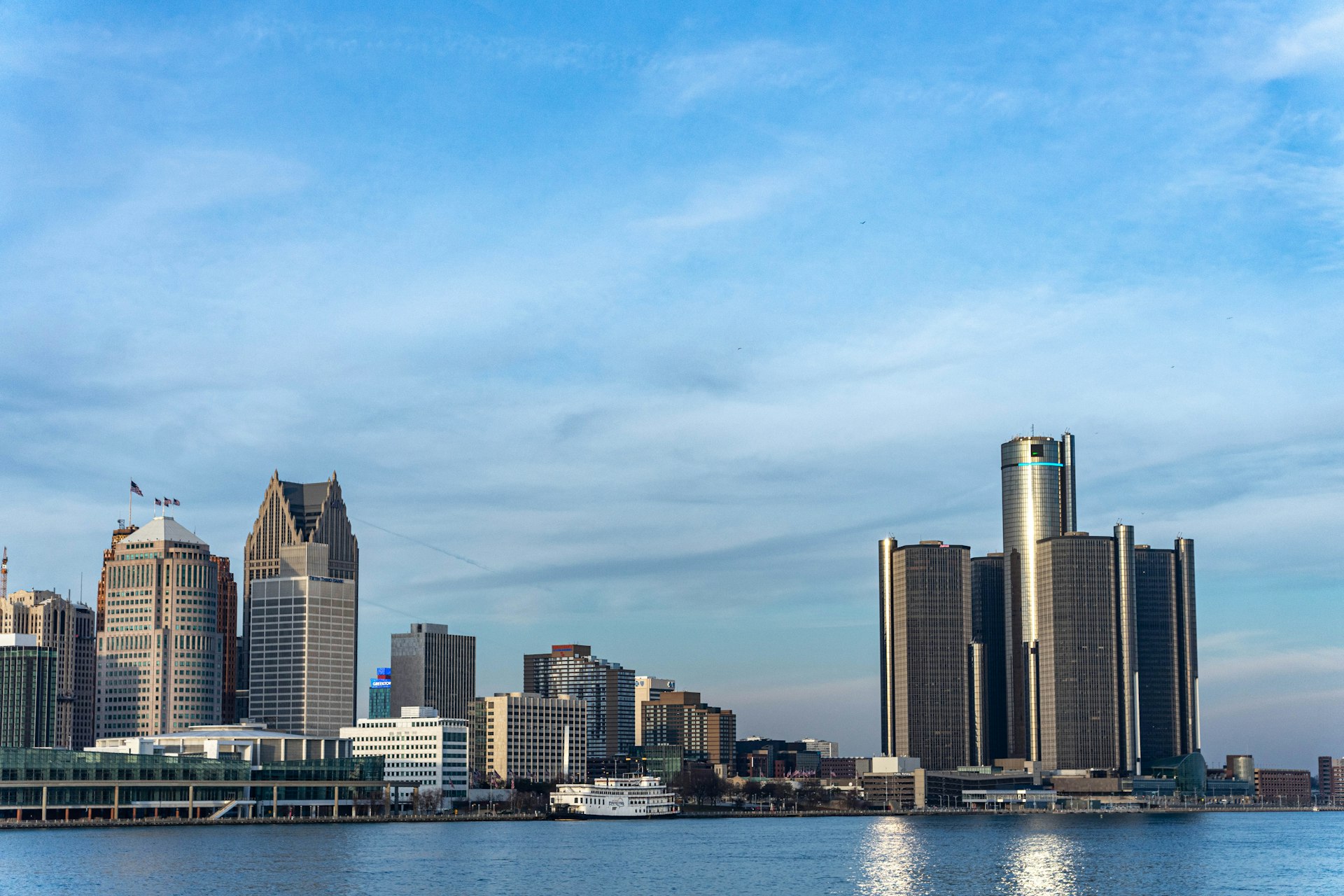 Downtown Detroit skyline and the Renaissance Center across the river on a clear day