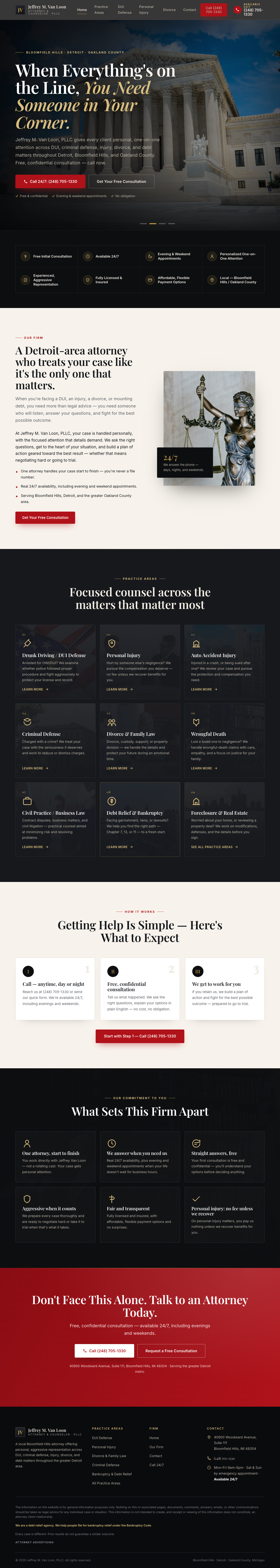 Design A homepage preview — dark charcoal, crimson and brass premium layout