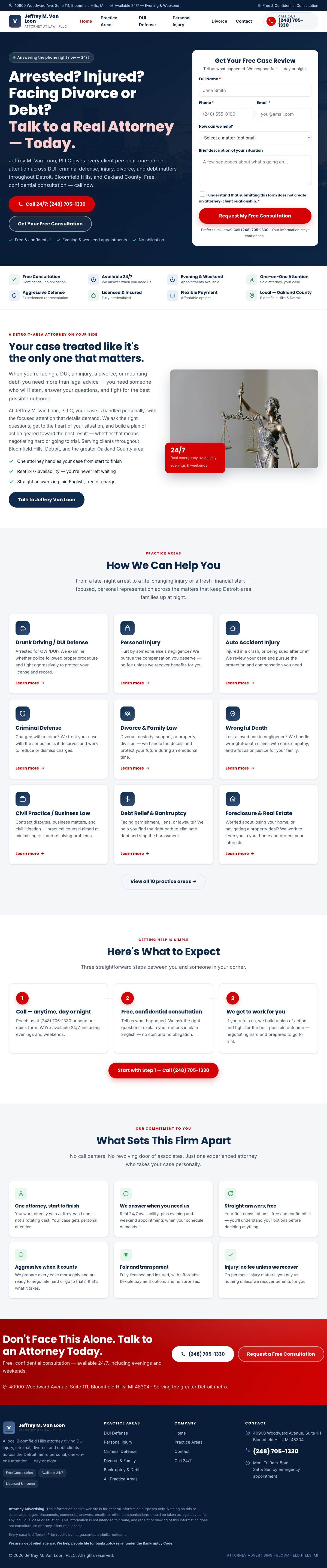 Design B homepage preview — bright navy, white and red conversion-focused layout